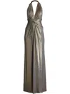 Tadashi Shoji Metallic Jersey Halter Draped Gown In Grau