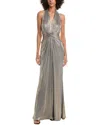 Tadashi Shoji Metallic Jersey Halter Draped Gown In Gray