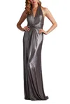 Tadashi Shoji Mona Pleated Metallic Halter Gown In Silver