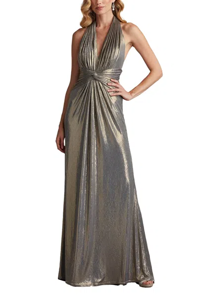 Tadashi Shoji Mona Pleated Metallic Halter Gown