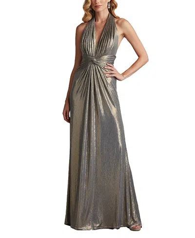 TADASHI SHOJI MONA PLEATED METALLIC HALTER GOWN