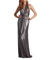 Tadashi Shoji Mona Pleated Metallic Halter Gown In Silver