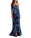 Tadashi Shoji Morwenna Floral Print Ruffle Gown In Blue