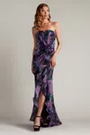 Tadashi Shoji Morwenna Floral Print Ruffle Gown In Purple
