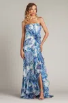 Tadashi Shoji Chw24386l Floral Printed Formal Long Slit Prom Pleated Ruffle Dress In Blue