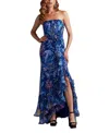 Tadashi Shoji Morwenna Oceanic Print Ruffle Gown In Mystic