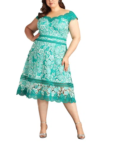 Tadashi Shoji Nance Double Banded Scalloped Lace Dress - Plus Size In Green