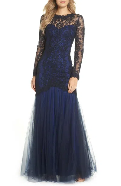 Pre-owned Tadashi Shoji ?  Navy Corded Embroidered Lace Tulle Mermaid Trumpet Gown 16 = Xl In Blue
