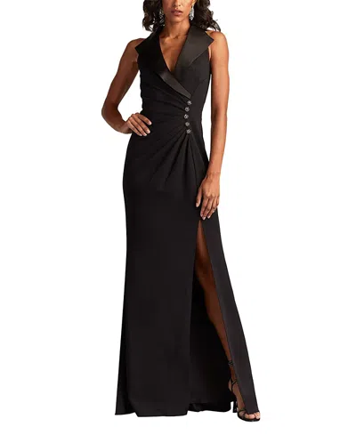 Tadashi Shoji Pleated Jewel-embellished Crepe Tuxedo Gown In Black