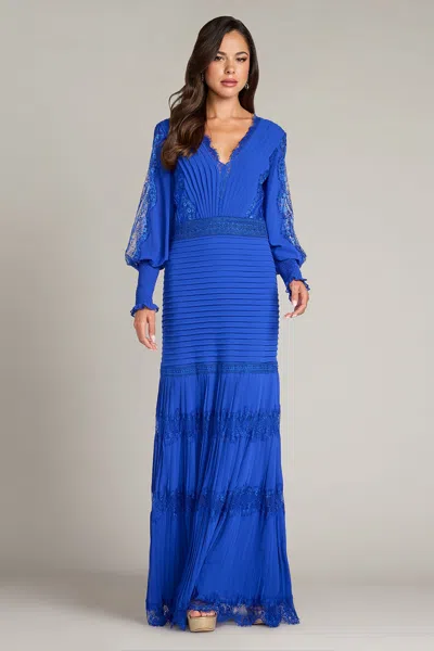 Tadashi Shoji Maxi Nyssa Bishop Lace-panelled Pleated Dress In Blue