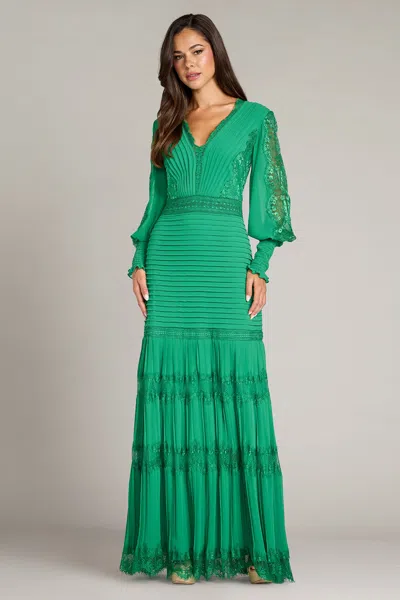Tadashi Shoji Maxi Nyssa Bishop Lace-panelled Pleated Dress In Green