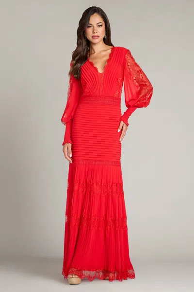 Tadashi Shoji Maxi Nyssa Bishop Lace-panelled Pleated Dress In Red