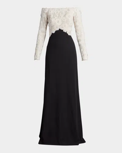 Tadashi Shoji Rhinestone Floral Off The Shoulder Mixed Media Gown In Black