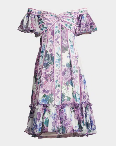 Tadashi Shoji Off-shoulder Empire Flounce Dress In Whitepurple Floral