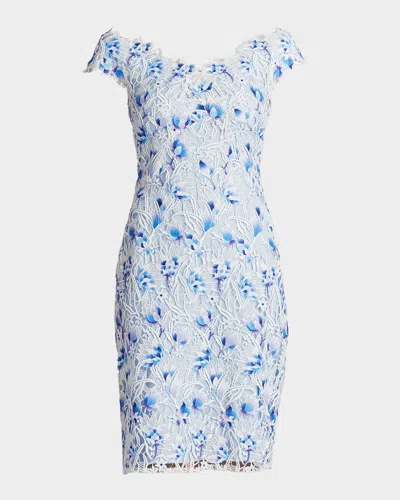 Tadashi Shoji Off-shoulder Floral Lace Dress In White Blue
