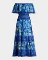 Tadashi Shoji Off-shoulder Floral-print & Lace Midi Dress In Mystic Blue