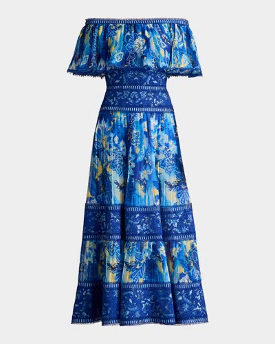 Tadashi Shoji Off-shoulder Floral-print & Lace Midi Dress In Mystic Blue