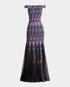 Tadashi Shoji Weston Floral Ribbon And Tulle Gown In Black Purple Floral