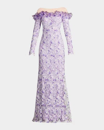 Tadashi Shoji Off-shoulder Illusion Floral Lace Gown