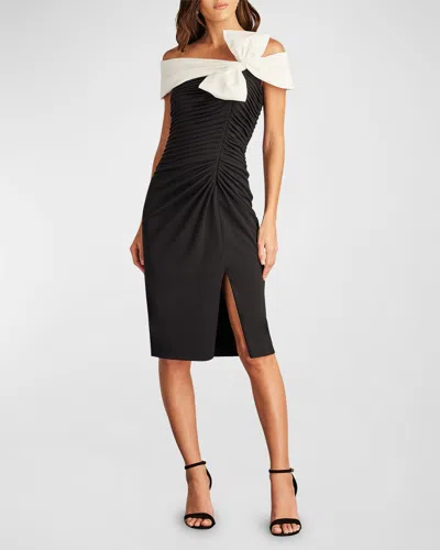 Tadashi Shoji Off-shoulder Pleated Bow-front Midi Dress In Blackivory