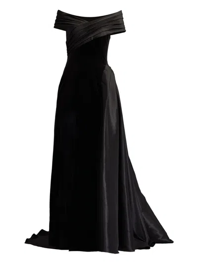 Tadashi Shoji Off-shoulder Pleated Gown In Black