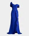 Tadashi Shoji Textured Crepe Asymmetrical Gown In Mystic Blue
