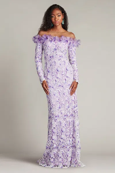 Tadashi Shoji Off The Shoulder Long Sleeve Illusion Gown In Multi