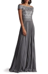 TADASHI SHOJI OFF THE SHOULDER SEQUIN LACE PLEATED GOWN