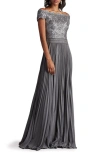 TADASHI SHOJI TADASHI SHOJI OFF THE SHOULDER SEQUIN LACE PLEATED GOWN