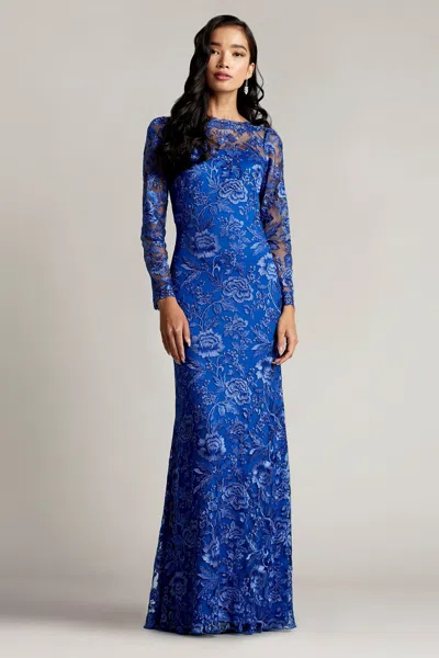 Tadashi Shoji Official Online Boutique Adalyn Embroidered Illusion Gown In Lagoon