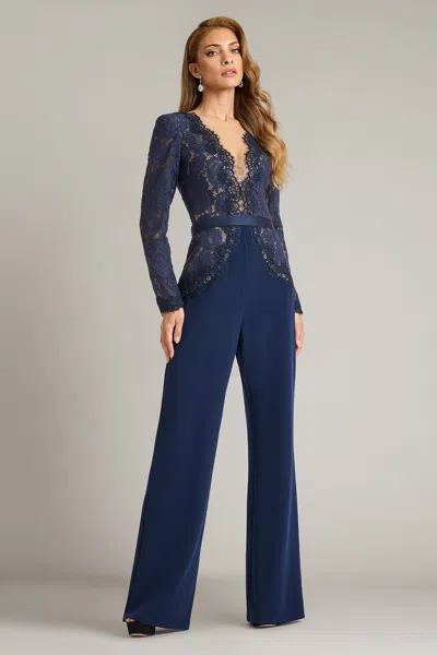 Tadashi Shoji Official Online Boutique Amaris Plunging Illusion Lace Jumpsuit In Blue