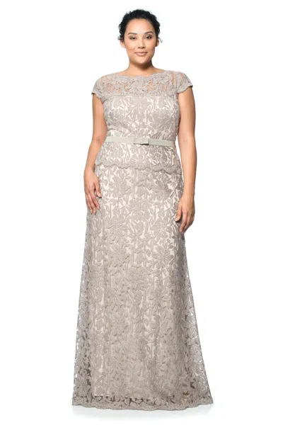 Tadashi Shoji Official Online Boutique Belted Cap Sleeve Chandelier Gown In Gray