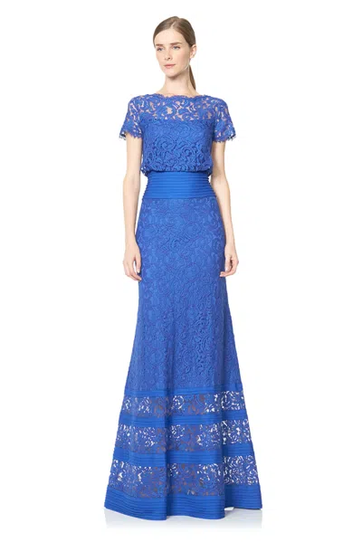 Tadashi Shoji Official Online Boutique Blouson Waist Embroidered Lace Gown In Blue