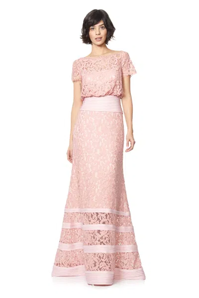 Tadashi Shoji Official Online Boutique Blouson Waist Embroidered Lace Gown In Pink