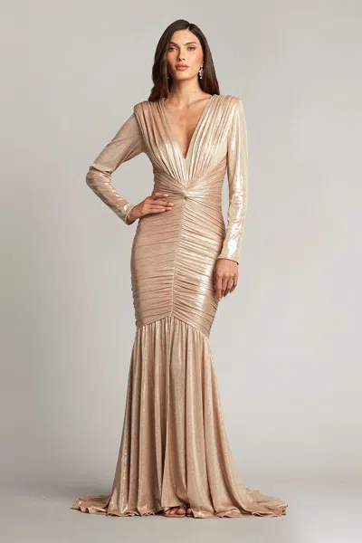 Tadashi Shoji Official Online Boutique Camellia Metallic Twist Drape Gown In Pebble