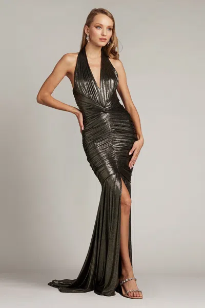 Tadashi Shoji Official Online Boutique Carolina Metallic Twist Drape Halter Gown In Gunmetal