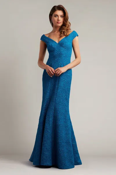 Tadashi Shoji Official Online Boutique Dale Rose Jacquard Gown In Ocean Blue