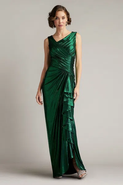 Tadashi Shoji Official Online Boutique Edana Metallic Waterfall Drape Gown In Pine