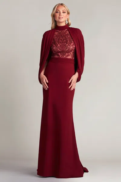 Tadashi Shoji Official Online Boutique Emmeline Draped Cape-sleeve Gown In Pomegranate