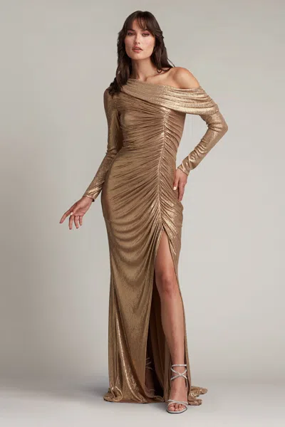Tadashi Shoji Official Online Boutique Faina Metallic Gathered Slit Gown In Gold Dust