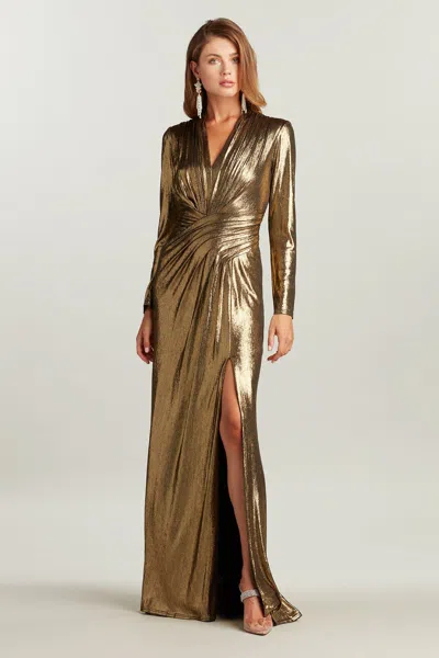 Tadashi Shoji Official Online Boutique Imanie Draped Lamé Gown In Bronze