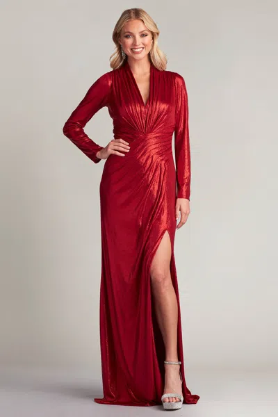 Tadashi Shoji Official Online Boutique Imanie Draped Lamé Gown In Deep Red