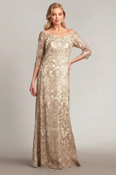 Tadashi Shoji Official Online Boutique Jemison Sequin Embroidered Gown In Pumice/latte
