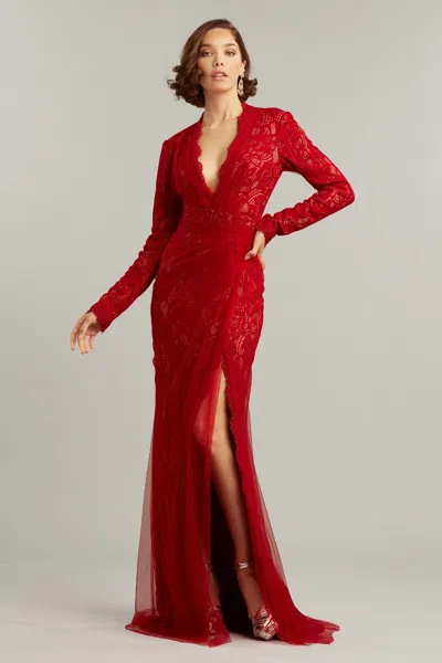 Tadashi Shoji Official Online Boutique Josson Draped Tulle Gown In Red Rock