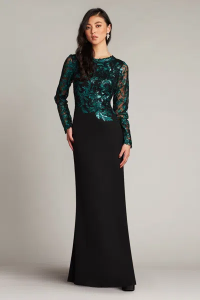 Tadashi Shoji Official Online Boutique Kanya Long-sleeve Crepe Gown In Elm/black