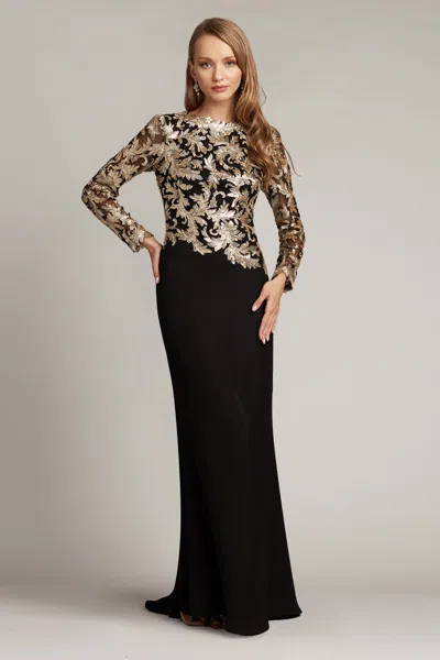 Tadashi Shoji Official Online Boutique Kanya Long-sleeve Crepe Gown In Gold/black