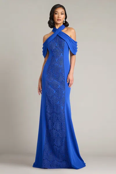 Tadashi Shoji Official Online Boutique Kato Embroidered Off-shoulder Halter Gown In Mystic Blue