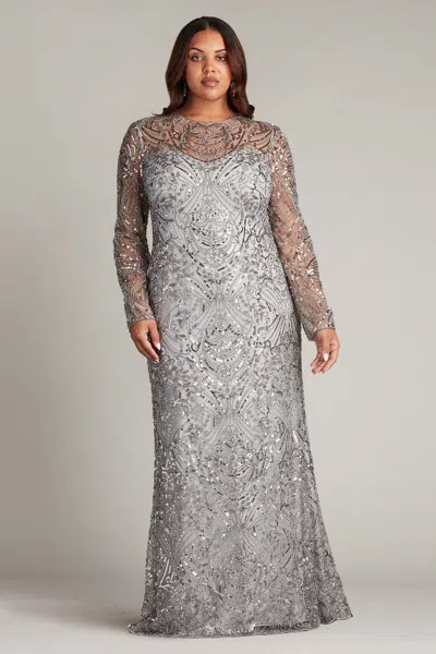 Tadashi Shoji Official Online Boutique Keziah Embellished Illusion Gown In Silver