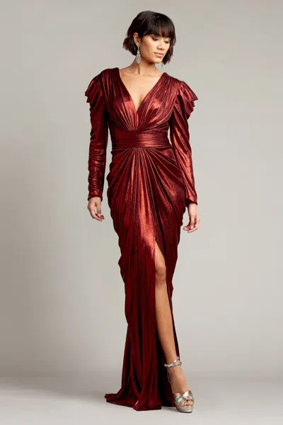 Tadashi Shoji Official Online Boutique Lava Draped Metallic Lamé Gown In Garnet