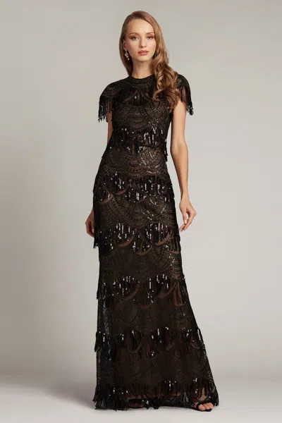 Tadashi Shoji Official Online Boutique Lorene Sequin Flapper Fringe Gown In Black/nude